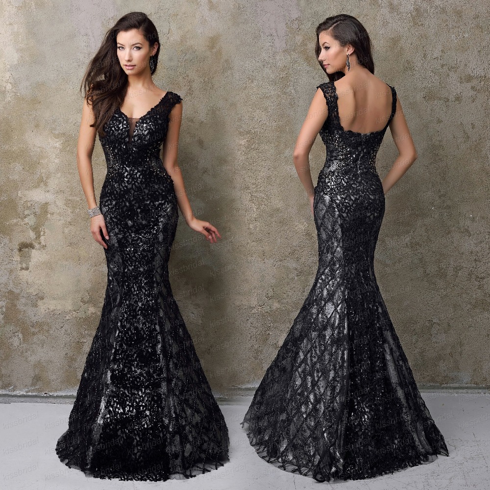 Sexy Mermaid V Neck Lace Appliques Beads Black Prom Evening Gownsmermaid Prom Dress On Luulla 